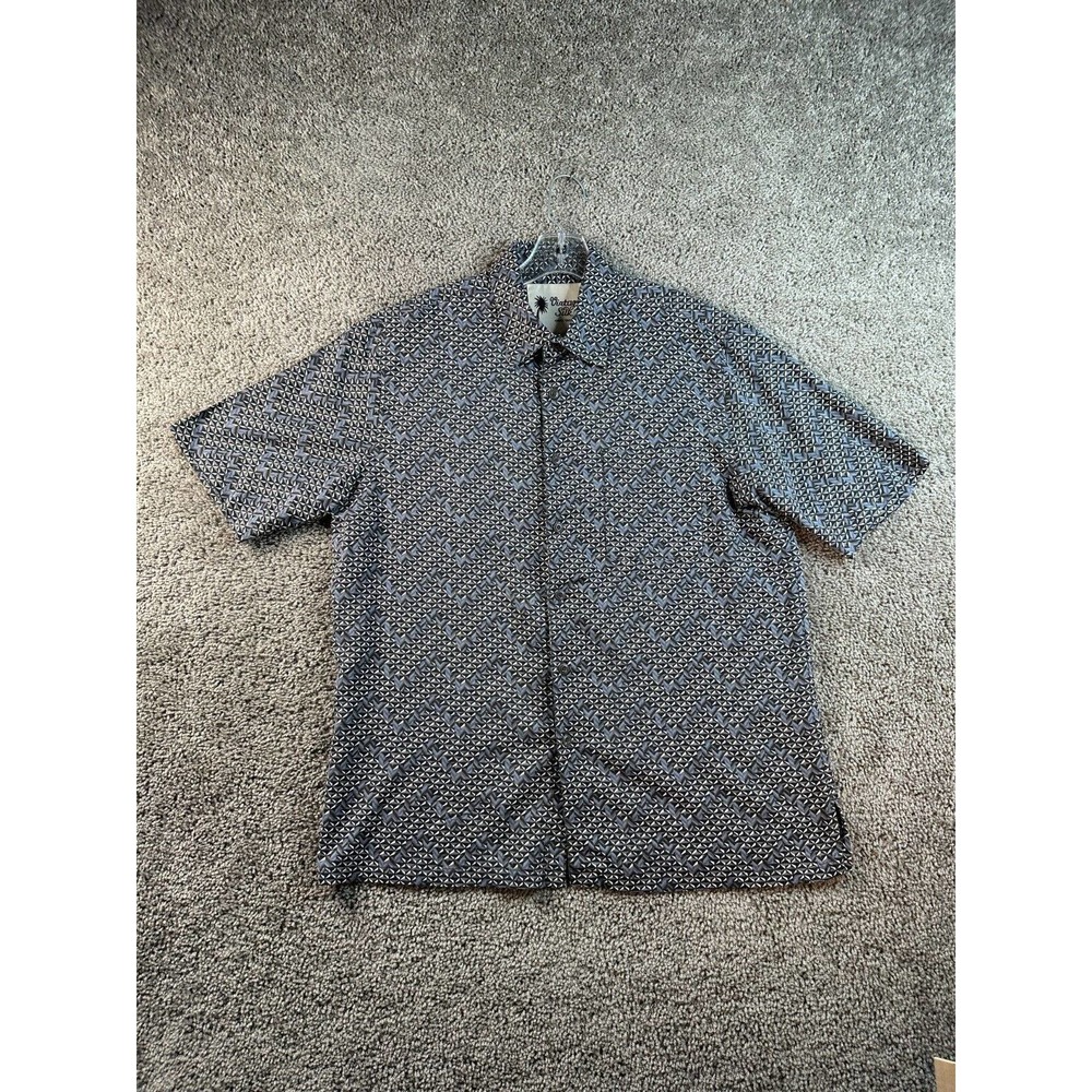 Vintage Silk Button Up Shirt Mens Medium Gray Blue Geometric Short Sleeve Casual